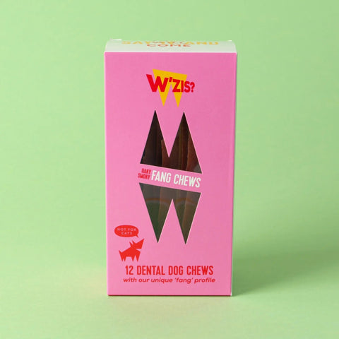 W'ZIS Smoky Dental Fang Chews — box of 12 vegan dental chews for dogs
