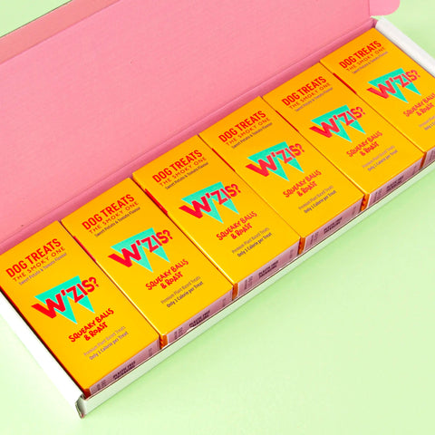W'ZIS Squeaky Balls & Roast Grab&Go Refills 6-pk — six smoky vegan treat boxes for dogs