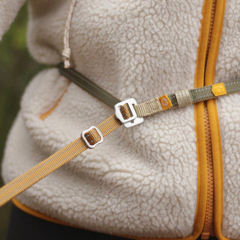 Woolly Wolf Multi-use Dog Leash Thin Wood Brown Mix shown as hands-free waist lead