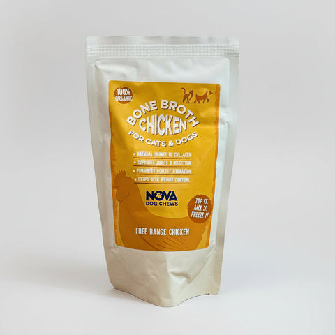 Package of Nova Dog Chews Bone Broth Chicken for cats and dogs on a white background