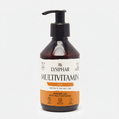 A bottle of Lysiphar Multivitamin Oil on a white background. The product is in an amber glass bottle with a black pump dispenser and a white and orange label.