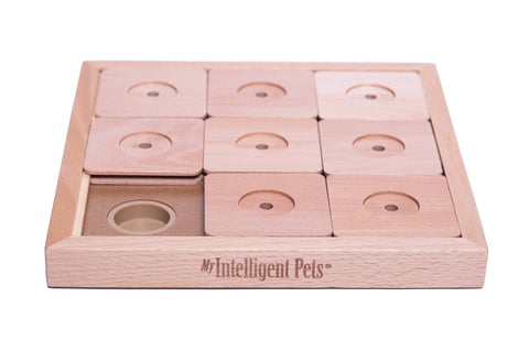 Wooden puzzle toy for pets with 'My Intelligent Pets' branding on a white background