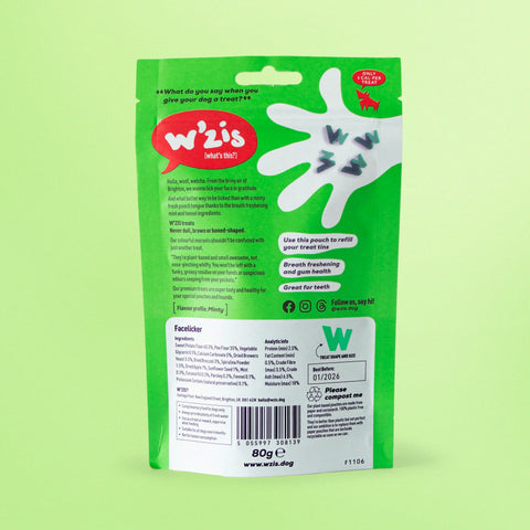 W'ZIS Facelicker Dog Treats Pouch — ingredients and nutritional info on back — Sparkly Tails