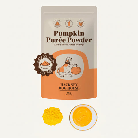 Package of Hackney Dog House pumpkin puree powder with samples on a white background
