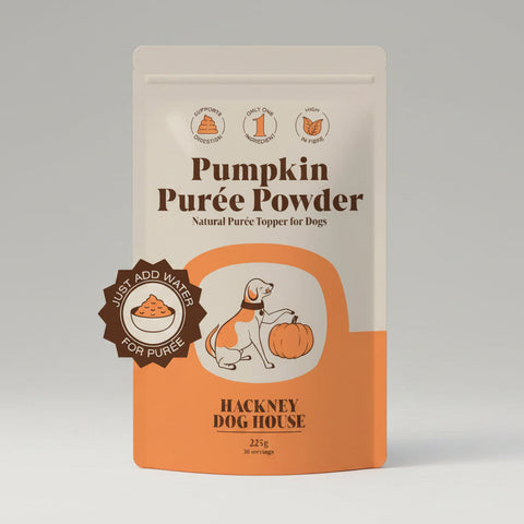 A stand-up pouch of Pumpkin Purée Powder for dogs, with a cream and orange design. The packaging features a cartoon illustration of a dog and pumpkin, a 'Just Add Water' badge, and the brand name 'Hackney Dog House' at the bottom.