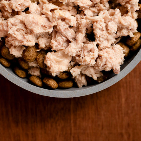 Dog food with meat chunks and kibble in a bowl on a wooden surface