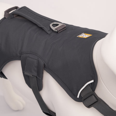 Grey Ruffwear Web Master Harness on a mannequin with a visible brand logo against a white background