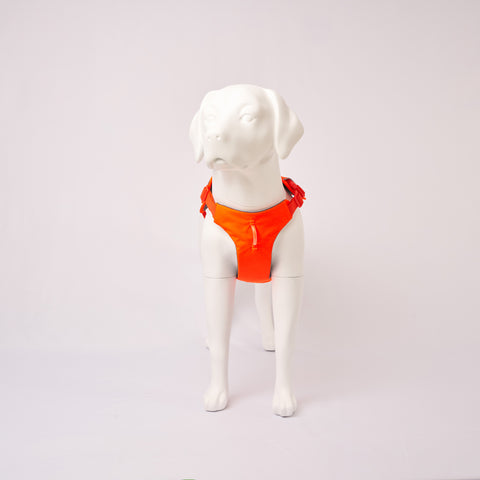 Mannequin wearing an Orange Ruffwear Web Master dog harness on a white background - front view