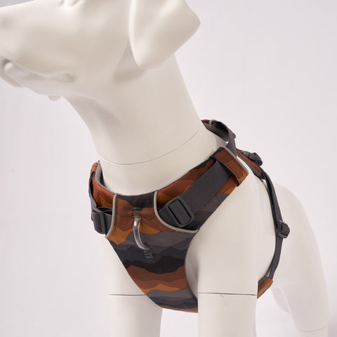 White dog model wearing a Ruffwear Front Range Harness, Moonlight Mountains harness on a light White background