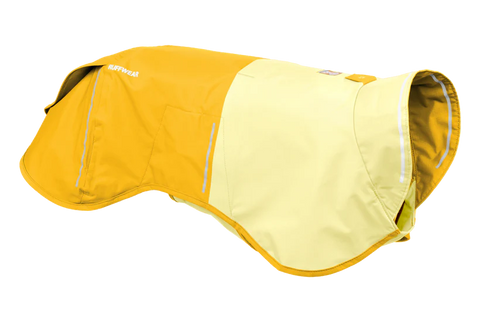 Ruffwear, Sun Shower Jacket, Mineral Yellow with reflective stripes on a white background