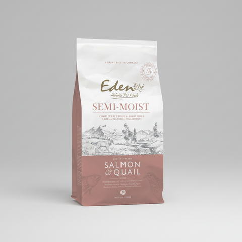 Eden semi-moist pet food package with salmon and quail flavor on a white background
