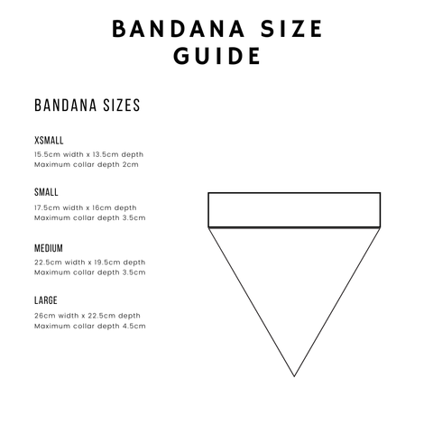 Bandana size guide with dimensions and illustrations on a white background