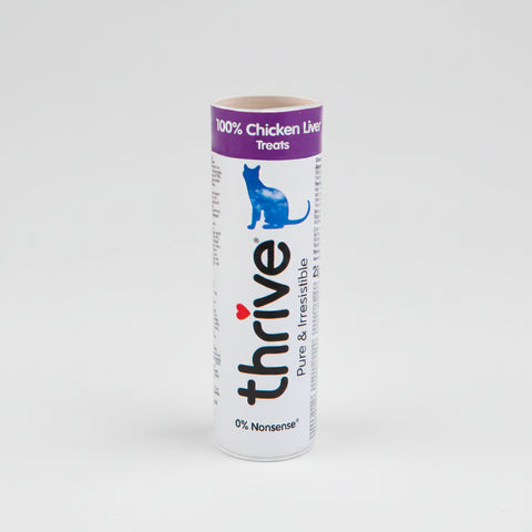 Thrive chicken liver cat treat tube on a white background