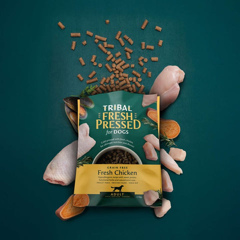 Tribal Fresh Pressed for Dogs packaging held by hands with ingredients on a teal background
