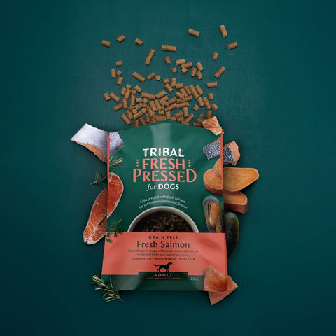 Tribal Fresh Pressed dog food package with scattered dog treats on a teal background