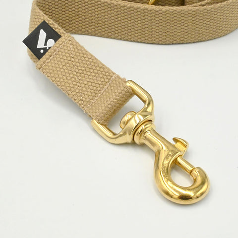 Beige dog lead with gold clasp on a white background