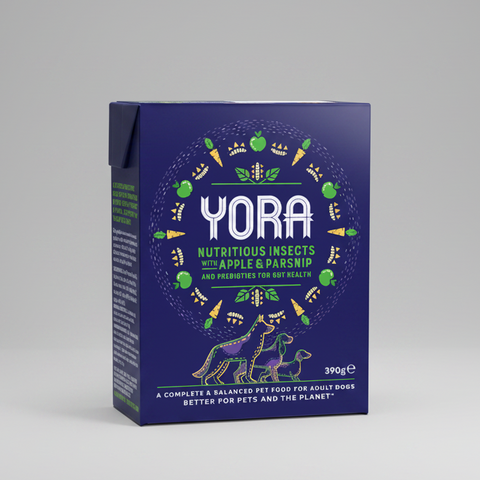 Yora pet food packaging with blue and green design on a white background