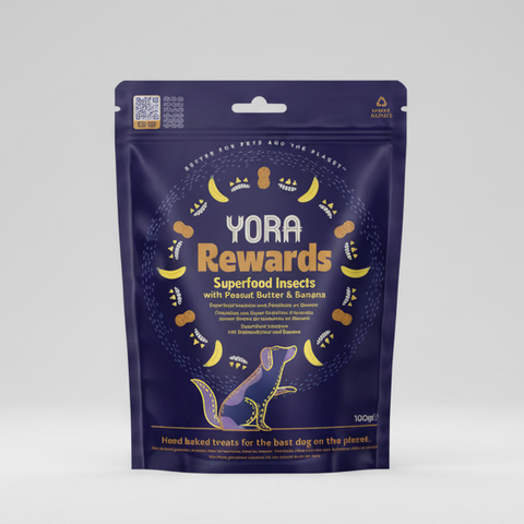 Yora Rewards superfood insects treat package with peanut butter and banana flavor on a white background