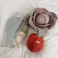 Three soft toys including a flower, a fish, and an apple on a white background