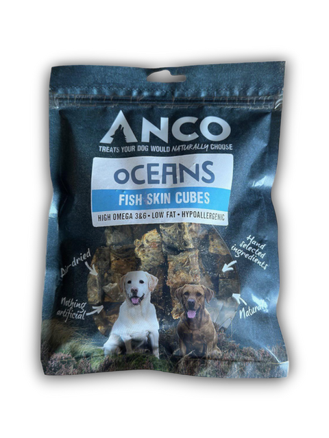Anco Oceans Fish Skin Cubes dog treat package on a white background