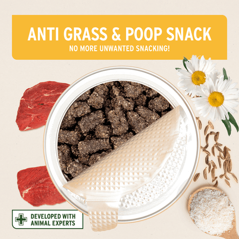 AniForte Anti Grass and Poop Snack — product benefits panel on tub — Sparkly Tails