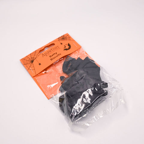 Black bat  biscuits in a clear plastic bag with an orange packaging label on a white background