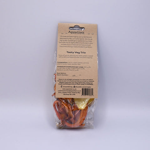 Package of Apawtiser Tasty Veg Trio on a light Grey background