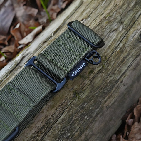 Green martingale collar with a buckle on a wooden surface with leaves in the background