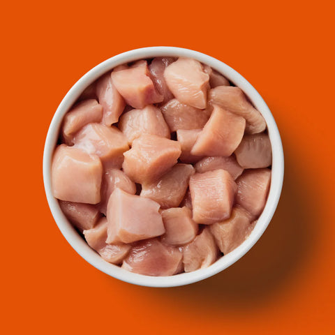 White bowl filled with raw chicken pieces on an orange background