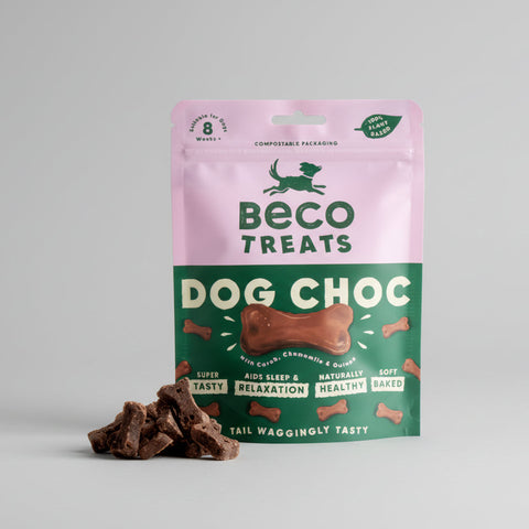 Beco Treats Dog Choc packaging with treats on a white background