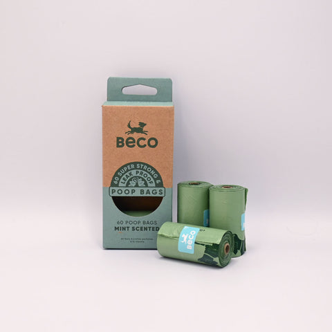 Beco mint scented poop bags with packaging on a white background