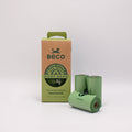 Beco dog poop bags packaging with three green rolls on a white background