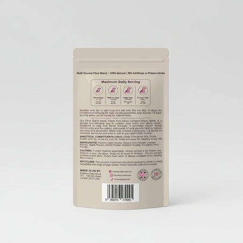 Back of a pet food packaging with text and barcodes on a white background