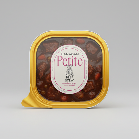Canagan Petite Beef Stew pet food packaging on a white background 
