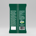 Back view of a green pet food package with text and a barcode on a white background