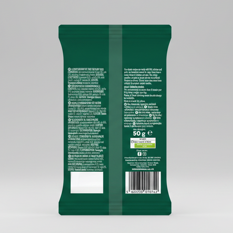 Back view of a green pet food package with text and a barcode on a white background