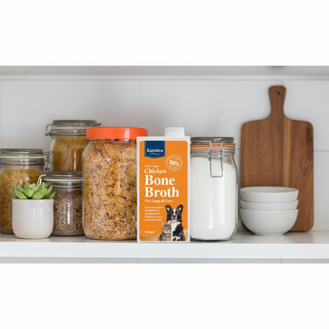 A 500ml carton of Karnlea Chicken Bone Broth for dogs and cats, displayed on a shelf between two glass jars.