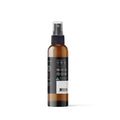 Brown spray bottle with a black label on a white background