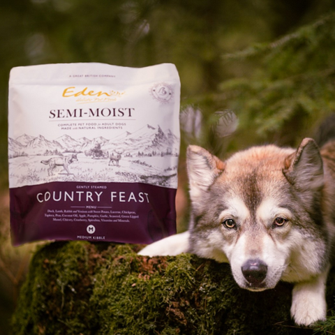 Dog food package labeled 'Eden' with a dog in a natural setting