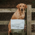Dog sitting behind a package of semi-moist duck & tripe dog food with a wooden fence in the background.