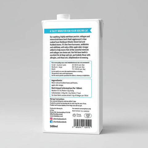 Back view of a pet food supplement package with text and branding on a white background