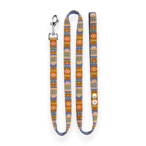 Colorful patterned dog leash on a white background