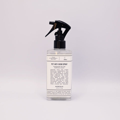 Clear spray bottle with black nozzle on a white background