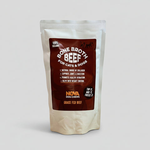 Package of Bone Broth Beef for cats and dogs by Nova Dog Chews on a white background
