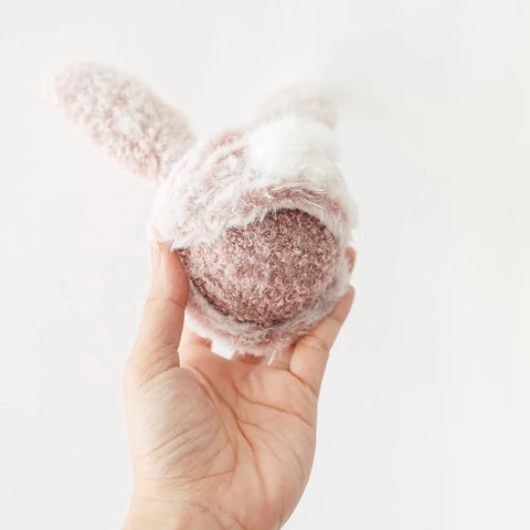 Hand holding a pink bunny-shaped dog Toy with a ball inside against a white background