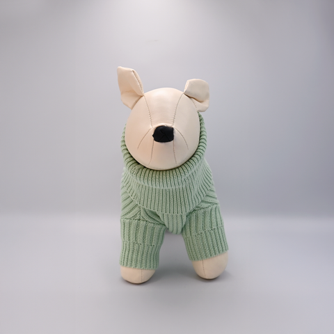 Dog mannequin with a Green sweater on a Grey background