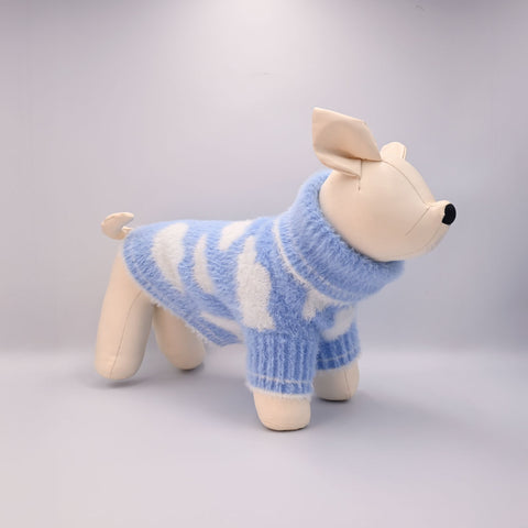 Soft fluffy Blue jumper with White clouds on White manequin.