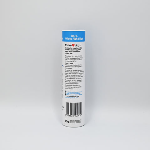Back of thrive dogs white fish filet on a gray background