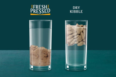 Two glasses filled with different types of pet food labeled 'Fresh Pressed' and 'Dry Kibble'.
