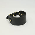 Black leather collar with gold hardware on a white background